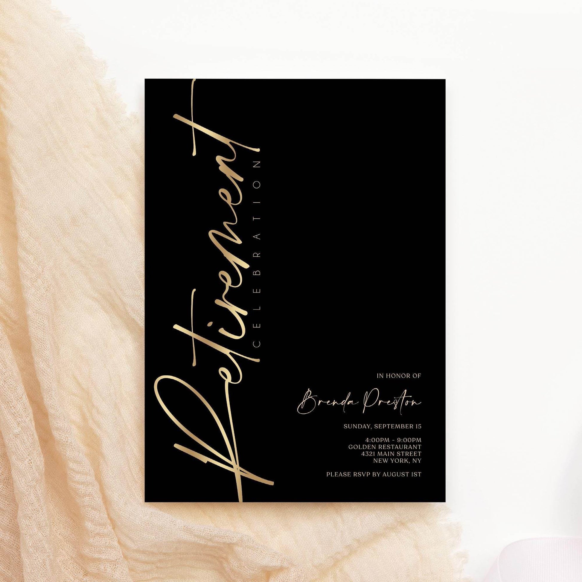 Black Gold Retirement Invitation, Printable Elegant Retirement Party Invite, Editable Retirement Card Template, Digital Instant Download