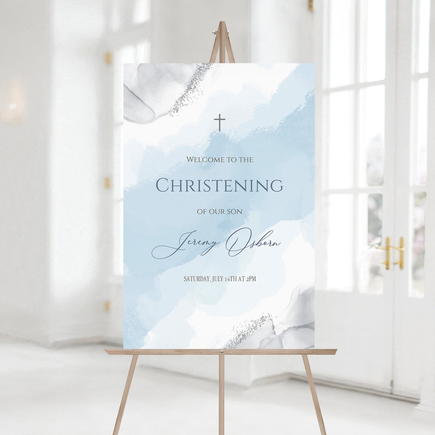 Blue Silver Christening Welcome Sign Template, Boy Christening Welcome Poster, Printable Welcome Sign, Editable Blue Watercolor Decoration