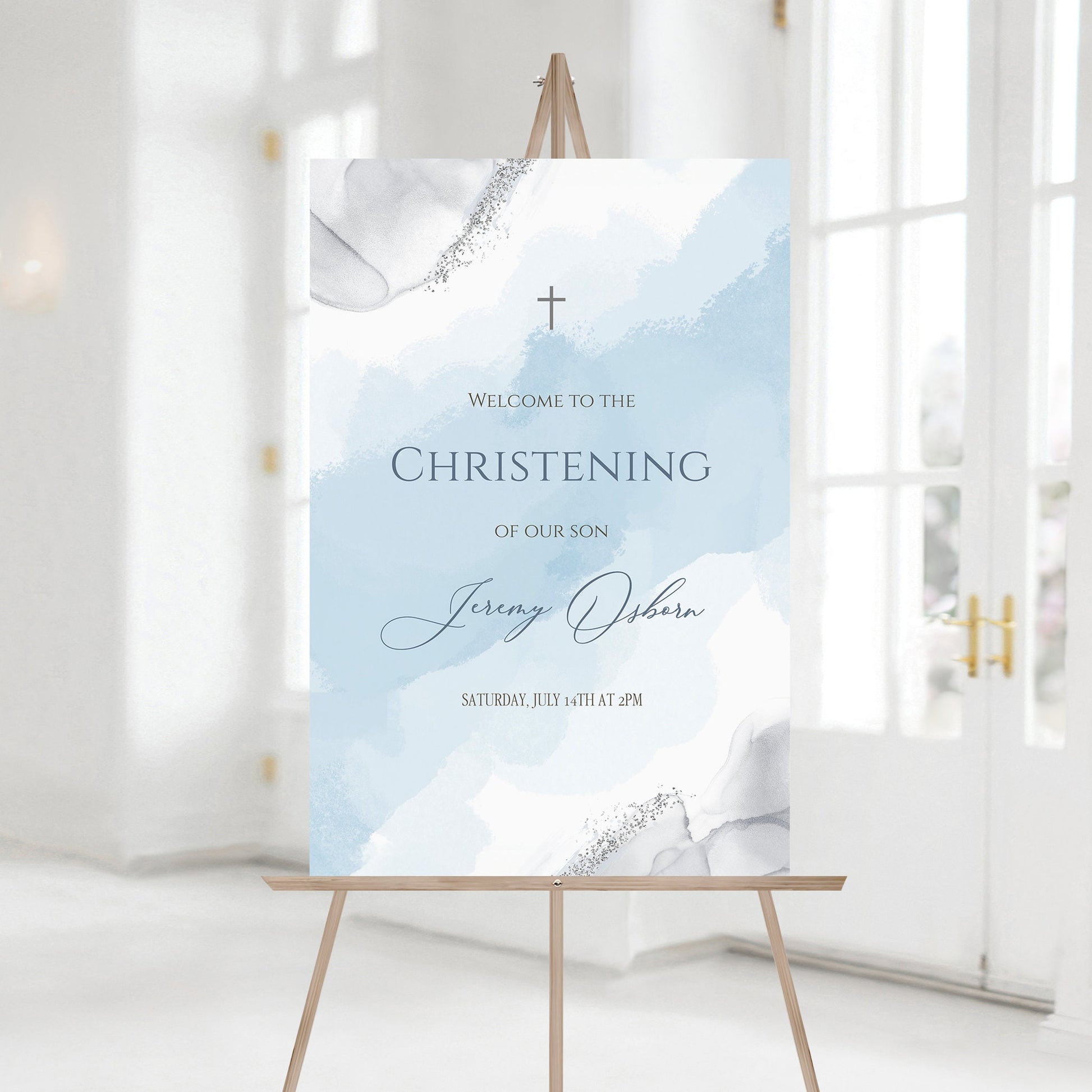 Blue Silver Christening Welcome Sign Template, Boy Christening Welcome Poster, Printable Welcome Sign, Editable Blue Watercolor Decoration
