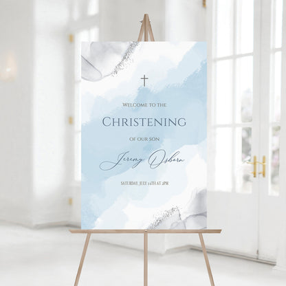 Blue Silver Christening Welcome Sign Template, Boy Christening Welcome Poster, Printable Welcome Sign, Editable Blue Watercolor Decoration