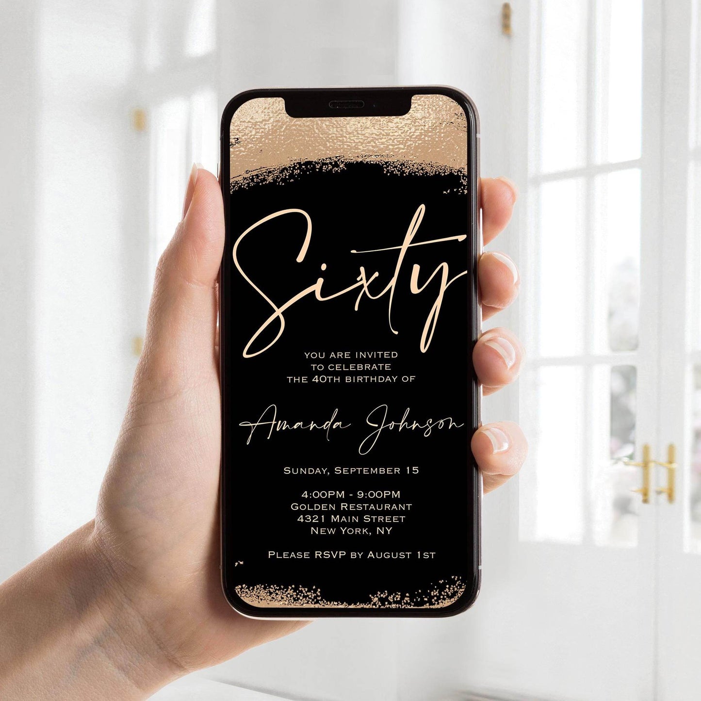 Electronic 60th Birthday Evite Invitation, Gold Foil Sixty Birthday Text Message Invite, Editable Smartphone Digital Birthday Card, Instant Download