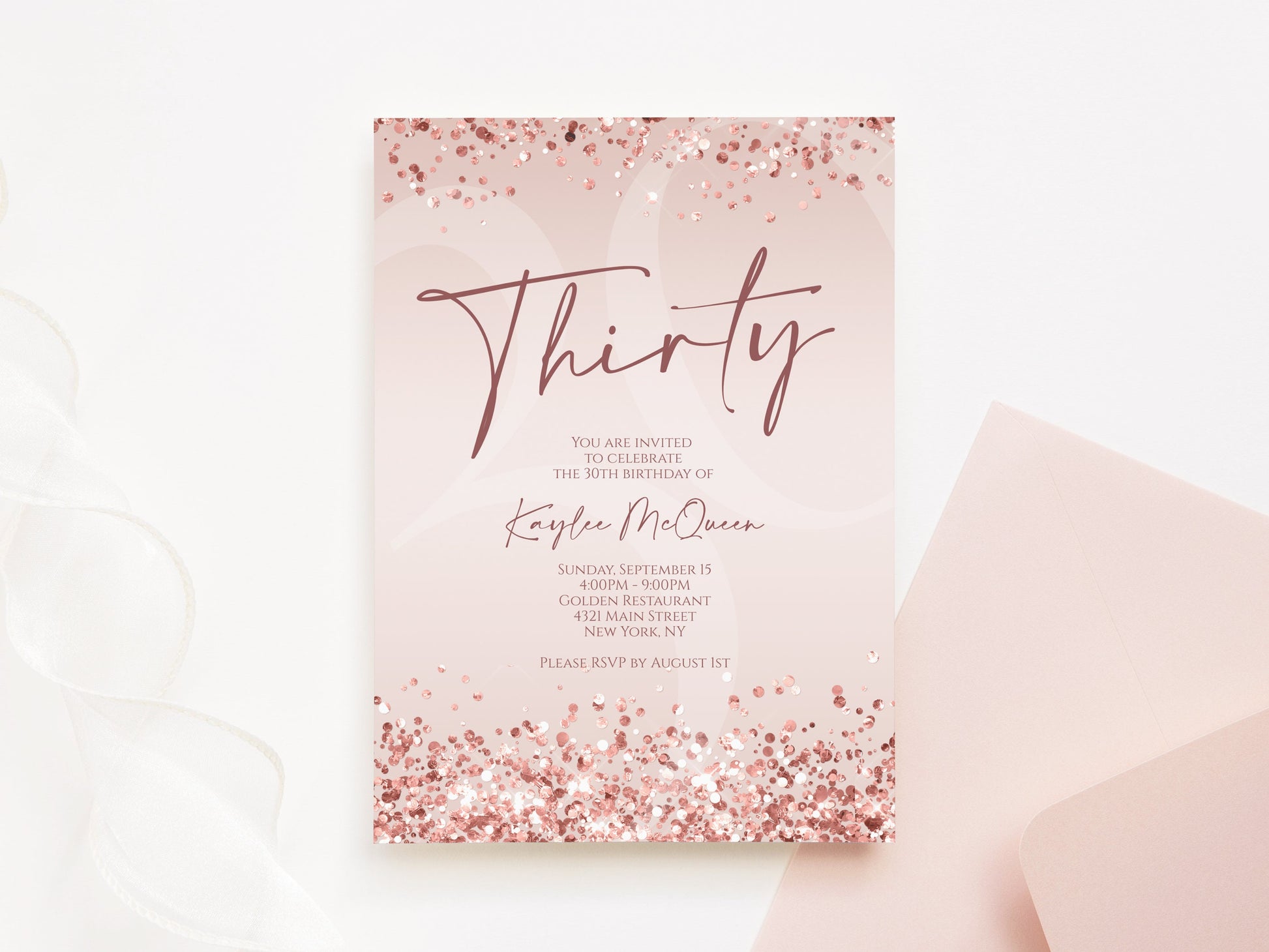 Rose Gold 30th Thirty Invitation Template Printable, Editable Rose Gold Confetti Birthday Invite, Email Text Message, Women Pink Invitation