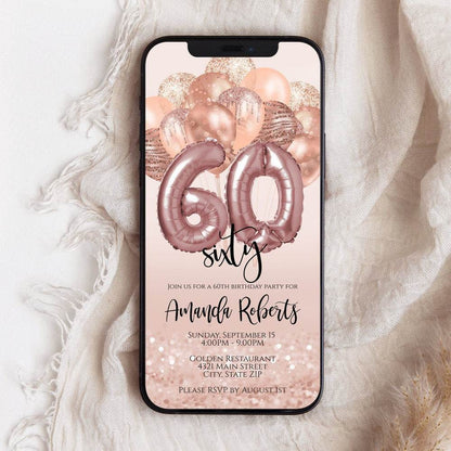Digital 60th Birthday Invitation Template, Rose Gold Balloons Sixty Editable Invite, Text Message Evite, Phone Invitation, Instant Download