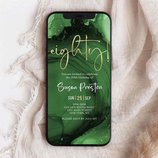 Green Emerald Gold 80th Birthday Invitation Template, Editable 80th Birthday Party Invite for Digital Use, Elegant Milestone Invitation in Green and Gold, Corjl Editable Birthday Evite Template, Printable 80th Birthday Invite for Men or Women, Instant Download Digital Birthday Invitation, Emerald and Gold Birthday Evite for Text or Email