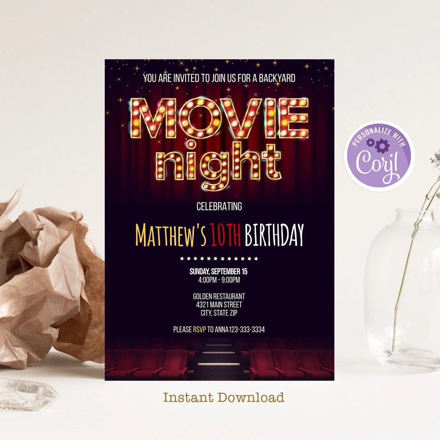 Printable Backyard Movie Night Party Invitation, Boy Movie Night Invitation | movie night birthday party invitations | DIY Party Invitation