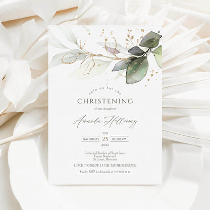 Editable Christening Invitation Card Template – Printable Greenery Eucalyptus Baptism Invite for Boy or Girl | Digital Download