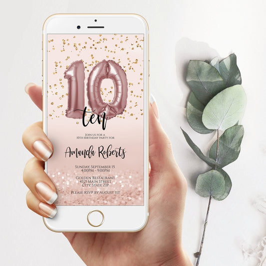 10th Birthday Invitation Electronic, Ten Editable Invite for girls, 10 Ballons, Mobile Birthday Invite, Evite, Digital Template, Phone text message