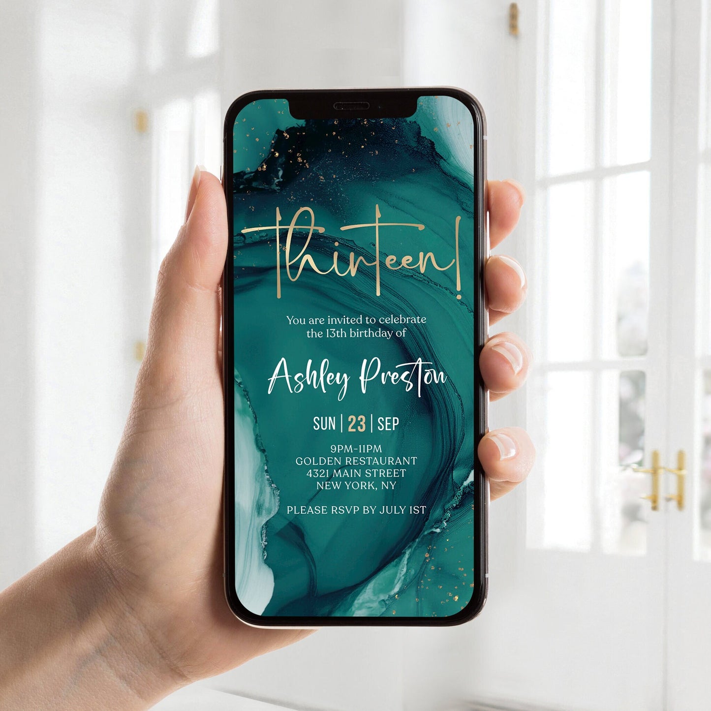 Digital Teal 13th Thirteen Birthday Invitation Template, Electronic Thirteen Party Invites, Editable Boy or Girl Invite, Text Message Evite