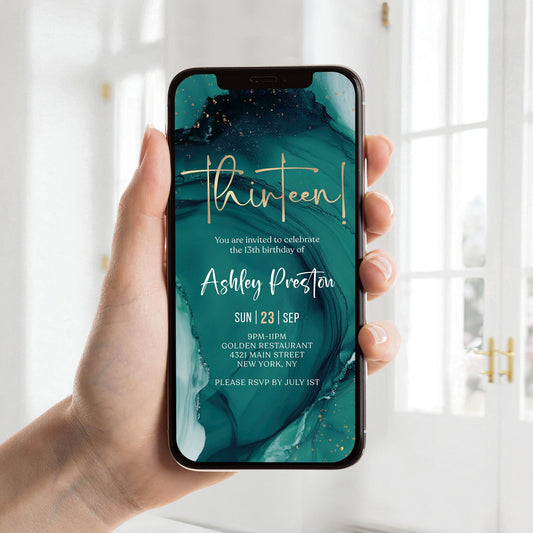 Digital Teal 13th Thirteen Birthday Invitation Template, Electronic Thirteen Party Invites, Editable Boy or Girl Invite, Text Message Evite