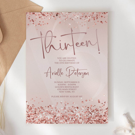 Editable 13th Birthday Invitation Template | Rose Gold Confetti Girl Birthday Party Invite | Printable Digital Evite | Text or Email Birthday Card