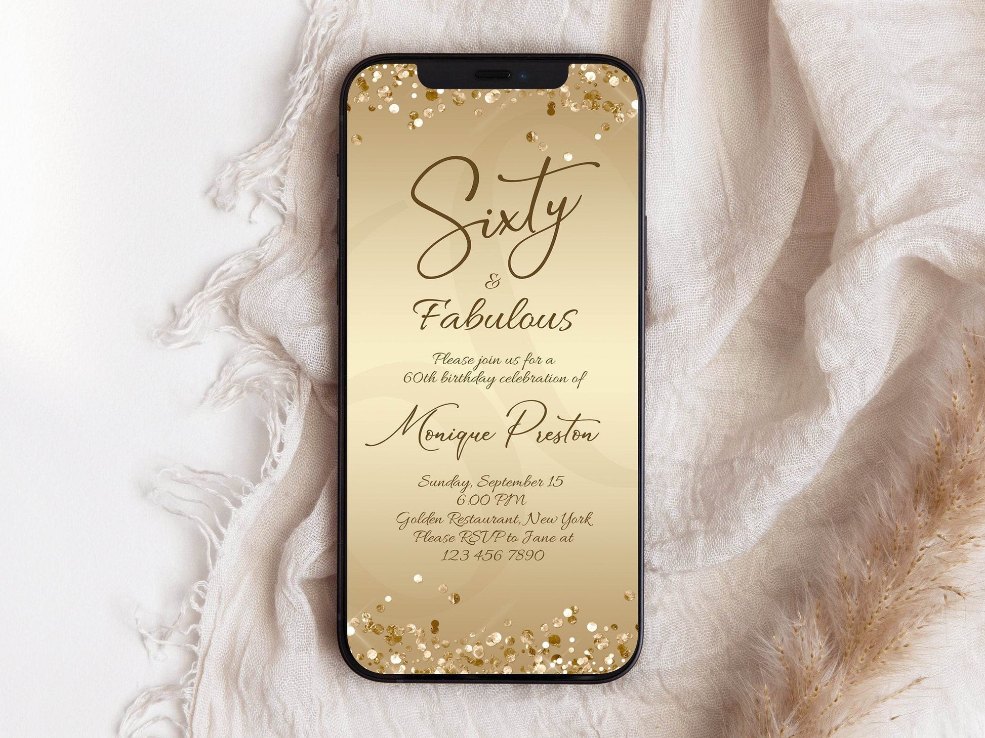Digital Sixty and Fabulous 60th Birthday Invitation, Editable Gold Dinner Party Evite for Her, Elegant Electronic Invite Template
