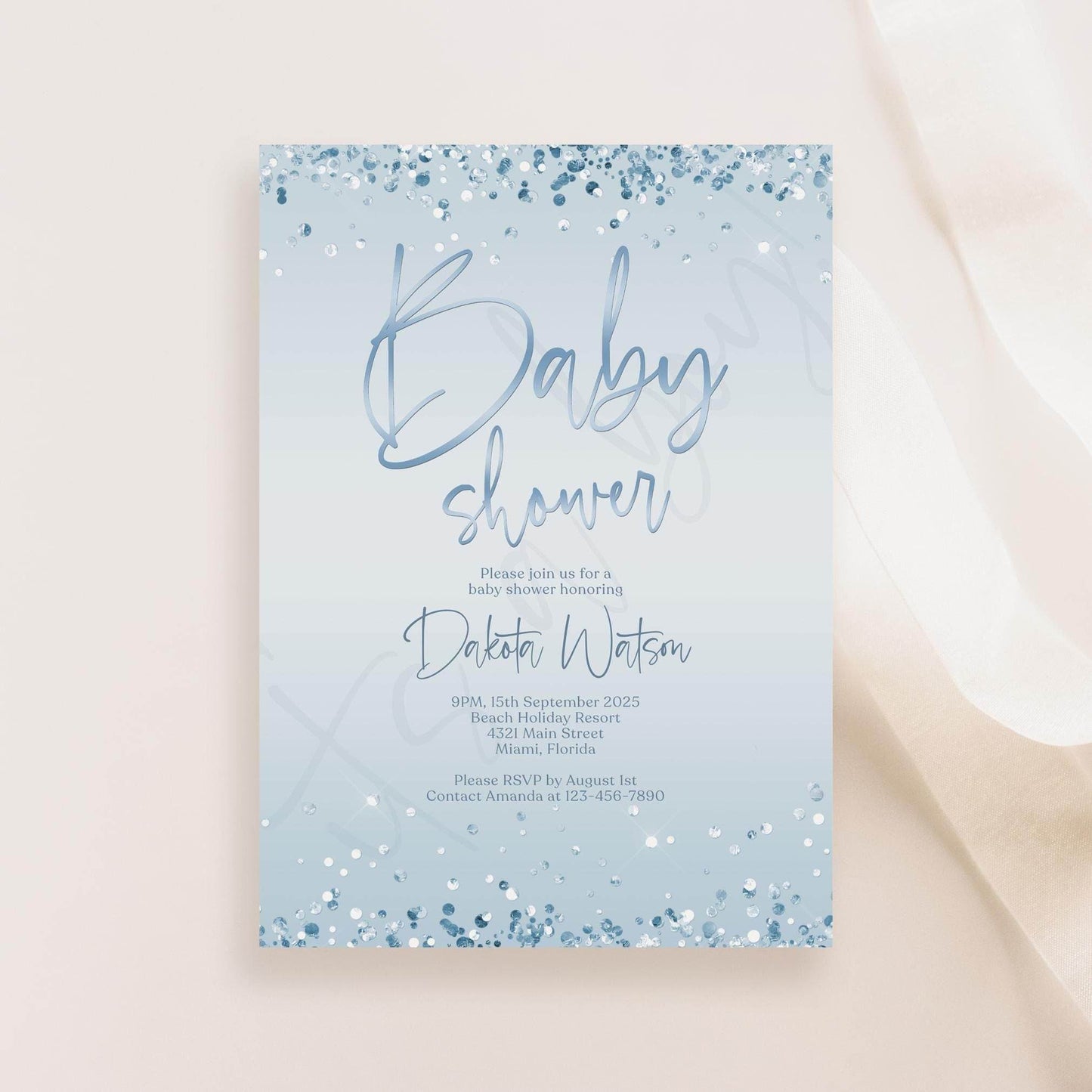 Boy Baby Shower Invitation Template | Editable Blue & Silver Confetti Invite | Digital Baby Shower Evite | Printable Instant Download