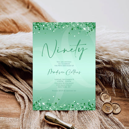 Printable Mint Green 90th Birthday Invitation Template | Editable Digital Mint Birthday Card for Women | Instant Download