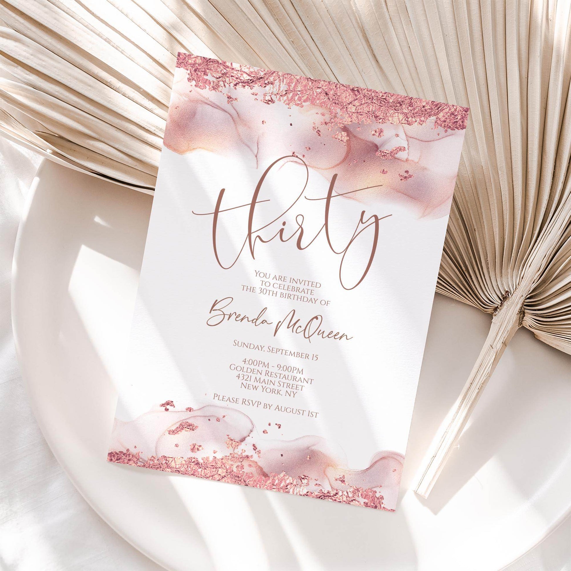 Rose Gold Thirty Invitation Template – Printable Editable 30th Birthday Card – Rose Gold Foil Birthday Invite – Digital Email & Text Message – Instant Download Invite, Email Text Message, Instant Download