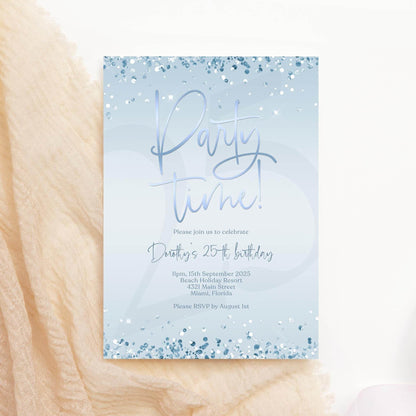 Silver Blue Birthday Invitation – Editable Confetti Party Template – Any Age Invite – Printable or Digital Evite – Instant Download