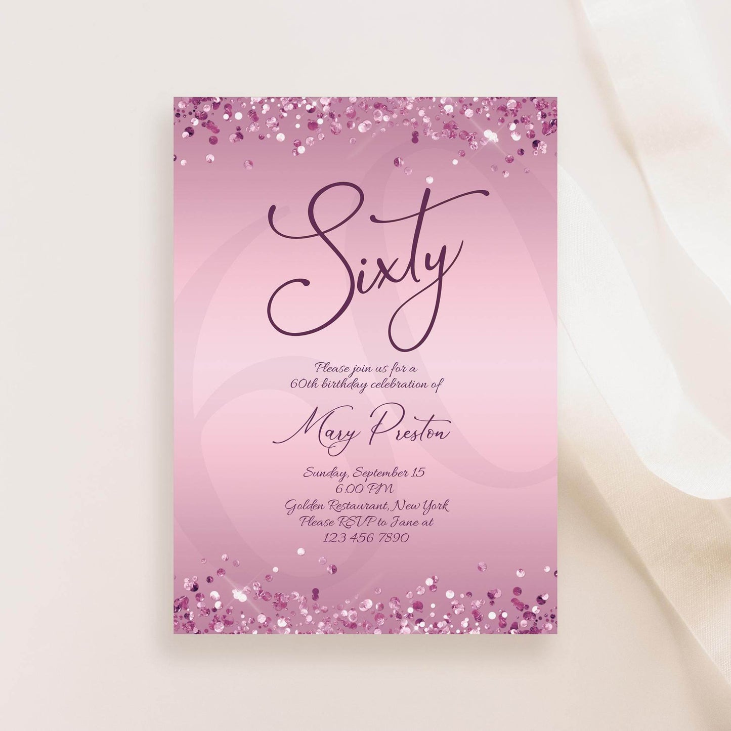 Editable 60th Birthday Invitation Template for Women, Printable Purple Gold Birthday Party Invite, Luxury Lavender Birthday Dinner Card, Email Text Message Evite, Instant Download