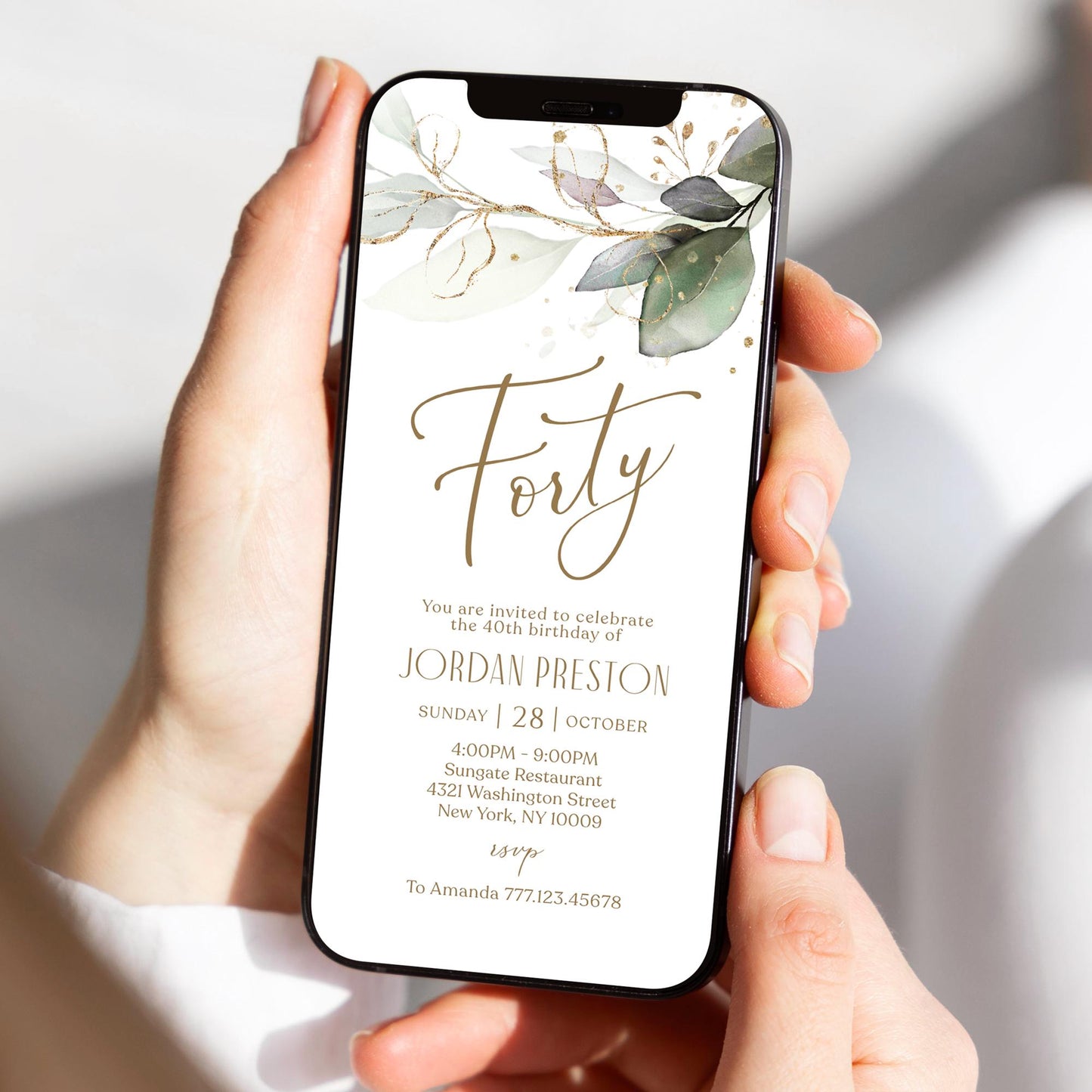 Greenery Electronic Forty 40th birthday Invitation Template, Digital 40th Forty Birthday Invite, Editable Template, Phone Text Message Evite