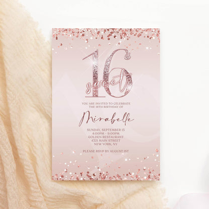 Sweet 16 Birthday Invitation – Pink Rose Gold Editable Sixteenth Invite – Text or Email Digital Template – Instant Download