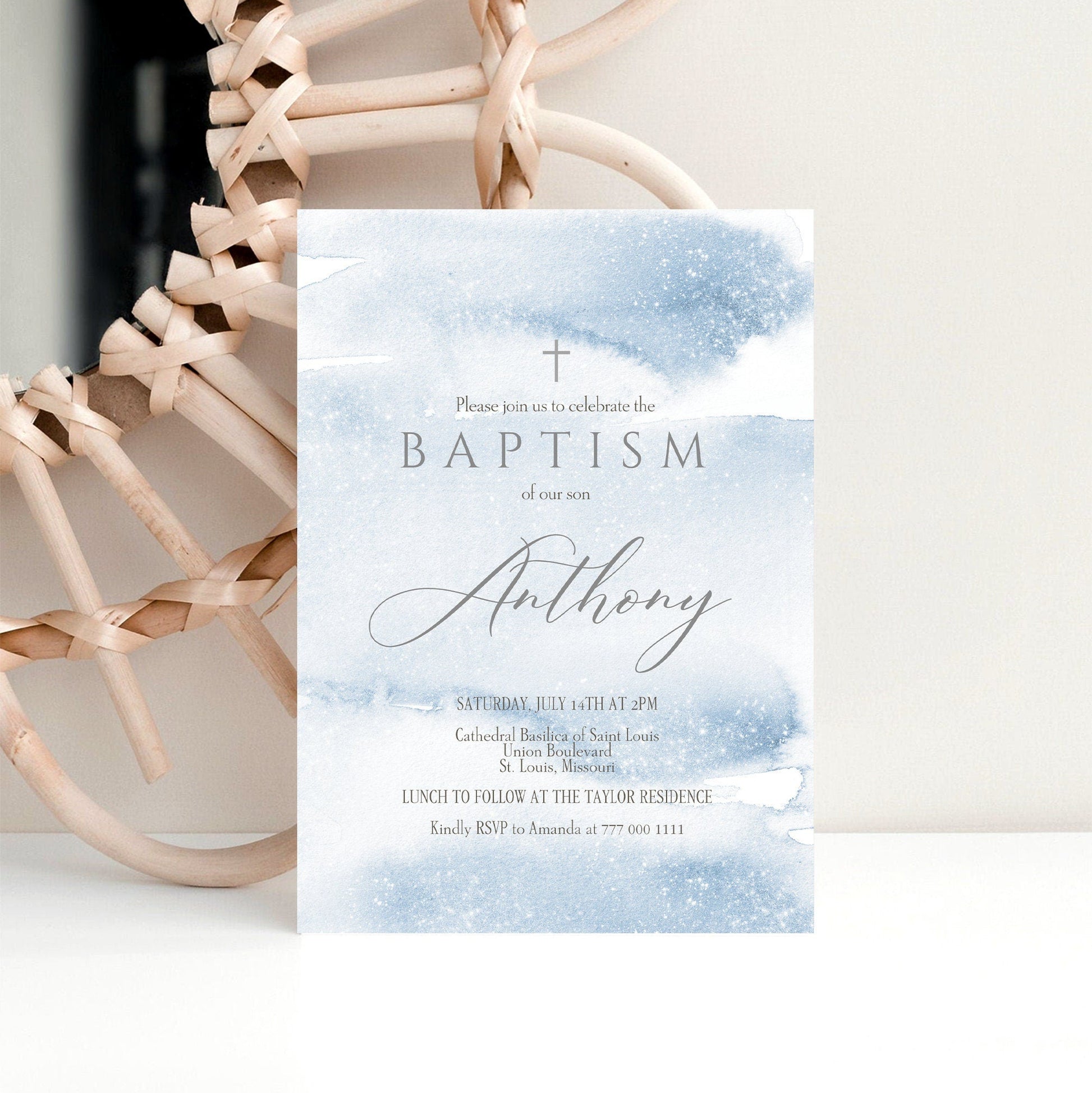 Blue Silver Boy Baptism Invitation Template, Editable Blue Watercolor Christening Invite, Printable Baptism Invitation, Email & Text Message