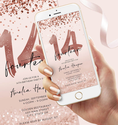 Rose Gold 14th Birthday Invitation Template, Editable Fourteen Girl Digital Party Invite, Electronic Text Message Evite, Instant Download