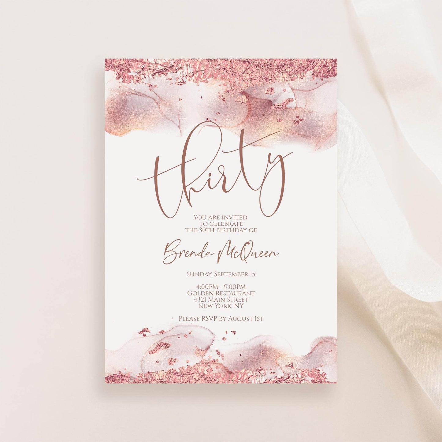 Rose Gold Thirty Invitation Template – Printable Editable 30th Birthday Card – Rose Gold Foil Birthday Invite – Digital Email & Text Message – Instant Download Invite, Email Text Message, Instant Download