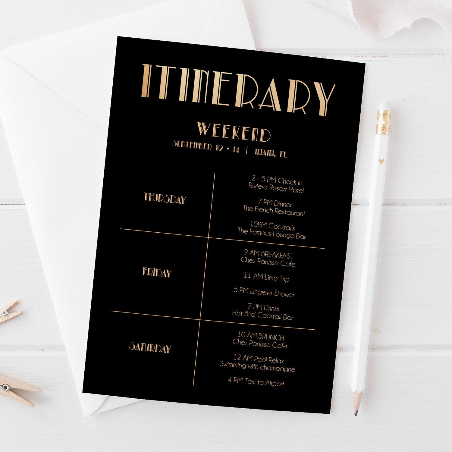 Luxury Art Deco Printable Itinerary Invitation Template, Black Gold 1920s Birthday Weekend Editable Itinerary, Instant Download Bachelorette