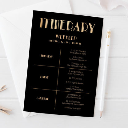 Luxury Art Deco Printable Itinerary Invitation Template, Black Gold 1920s Birthday Weekend Editable Itinerary, Instant Download Bachelorette