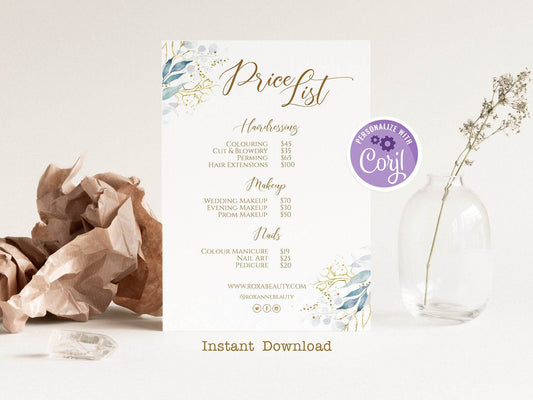 Watercolor Greenery Price List Editable Template, Business Price List Template, Printable Price List, Price Sheet Template, Instant Download