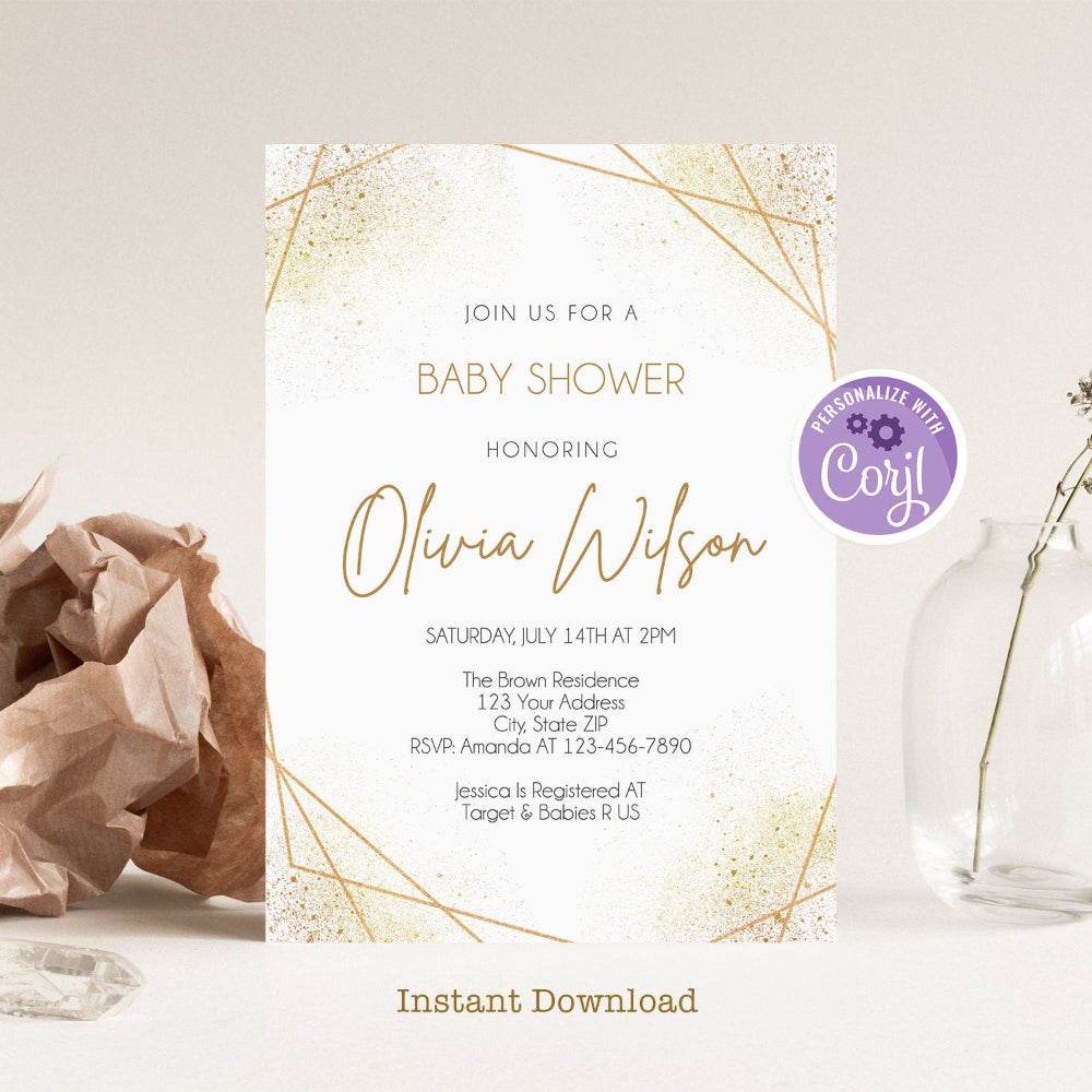 Gold Geometric Baby Shower Invitation Template – Printable Baby Shower Invite | Editable Gold Baby Shower Invitation | Instant Digital Download