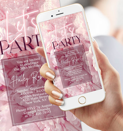 Electronic Pink Floral Birthday Party Invitation, Digital Birthday Invite, Editable Template, Any Age Mobile Text Evite, Email Text Message