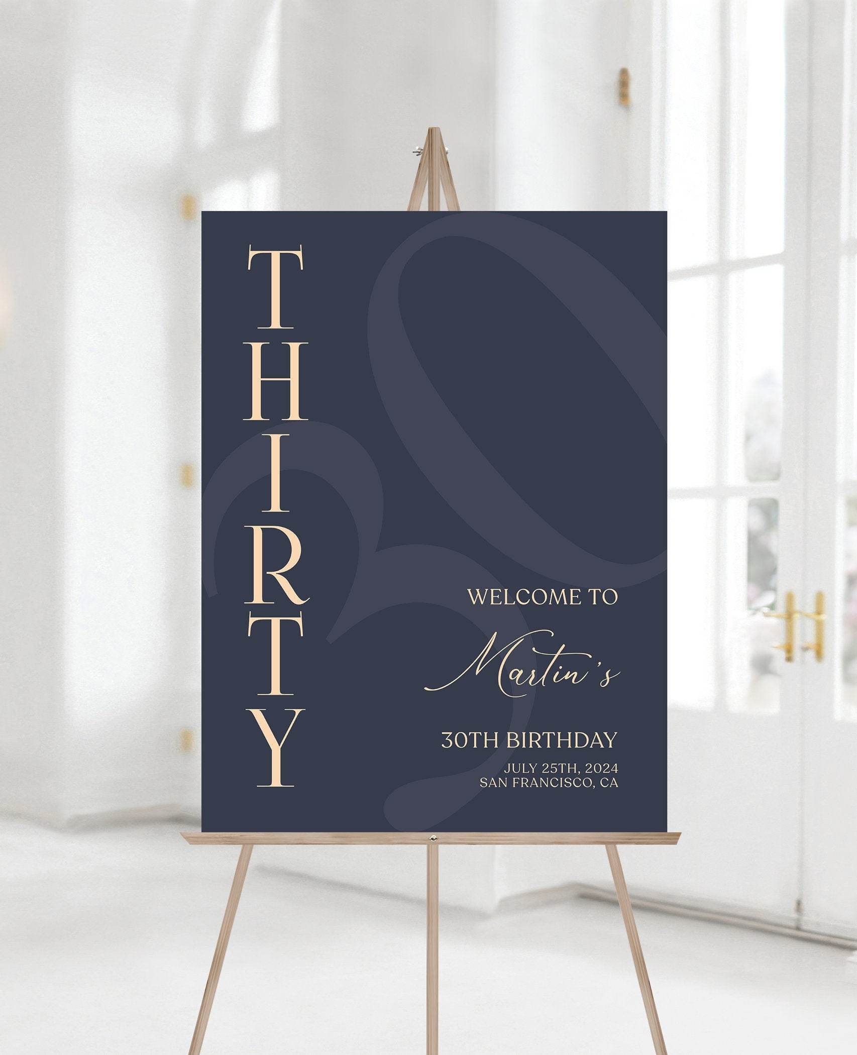 Printable 30th Birthday Welcome Sign Template | Navy Blue & Gold Editable Party Poster | DIY Elegant Birthday Decorations | Digital Download