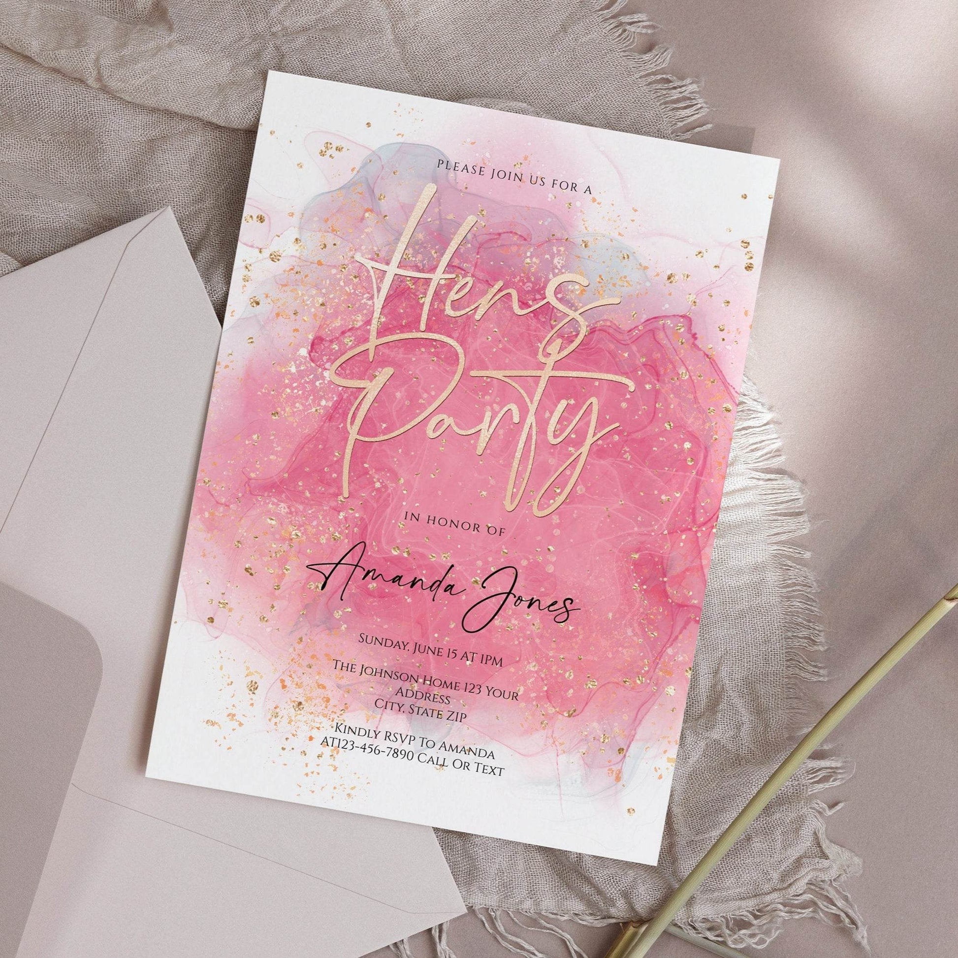Printable Hens Party Invitation Template | Editable Watercolor Bachelorette Invite | Custom Hens Night Email or Text Message Download