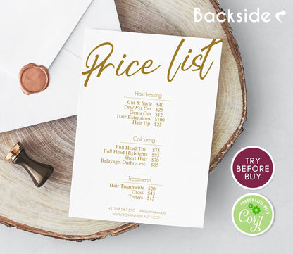 Gold Price List Editable, Business Price List Template, Editable Price Guide, Pricing Sheet Hair Beauty Salon, Price Chart Instant Download