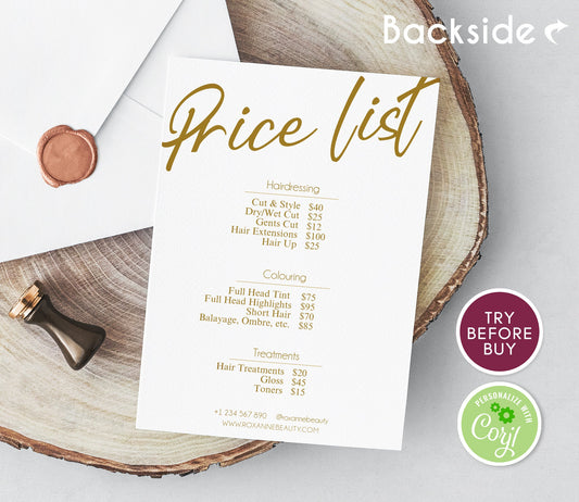 Gold Price List Editable, Business Price List Template, Editable Price Guide, Pricing Sheet Hair Beauty Salon, Price Chart Instant Download