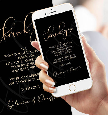 Digital Black Gold Thank You Card Template, Editable eCard, Electronic Text Message Thank You, Phone Evite, Instant Download