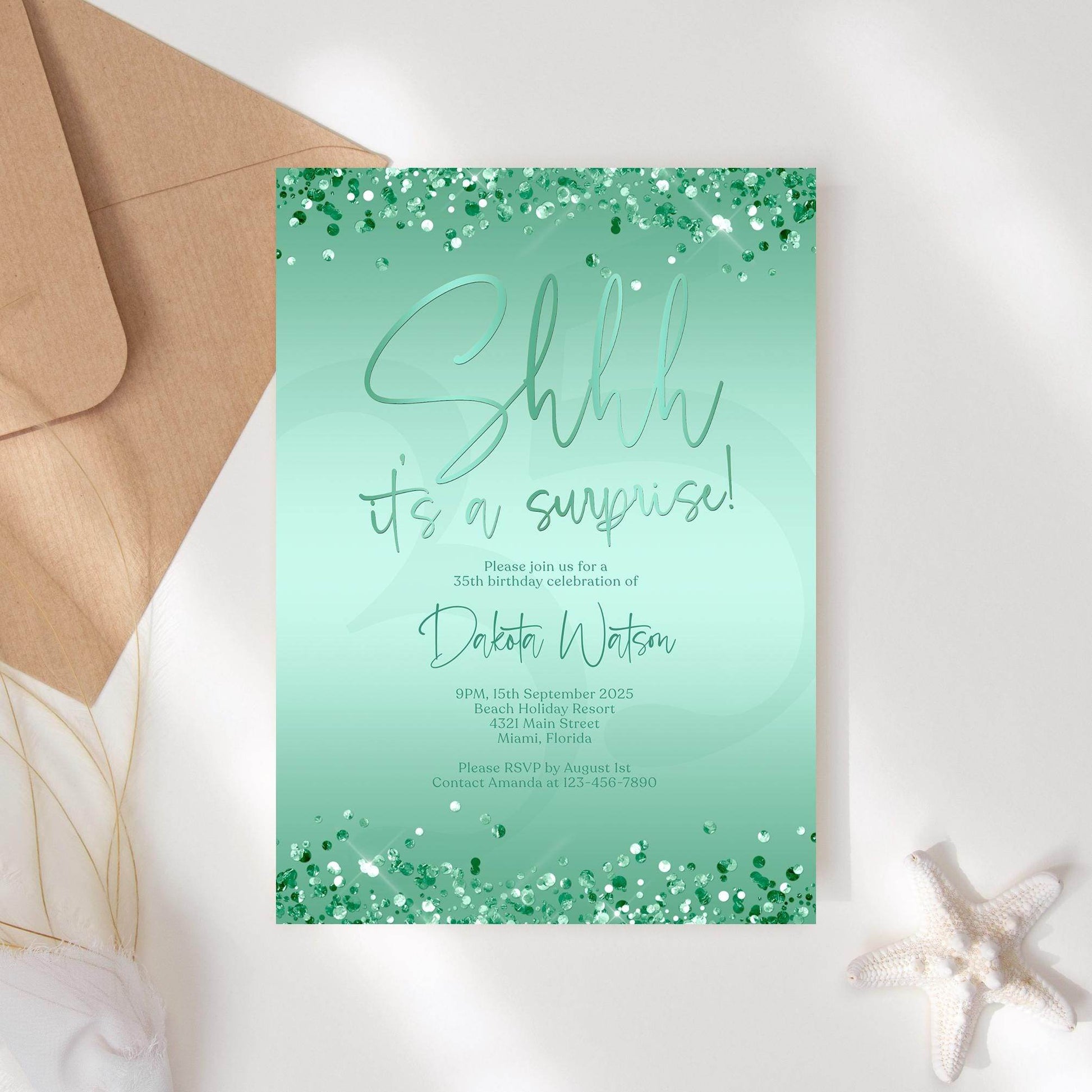 Printable Shhh It's a Surprise Invitation Template | Editable Green Mint & Gold Birthday Invite | Any Age Surprise Party Evite | Digital Download