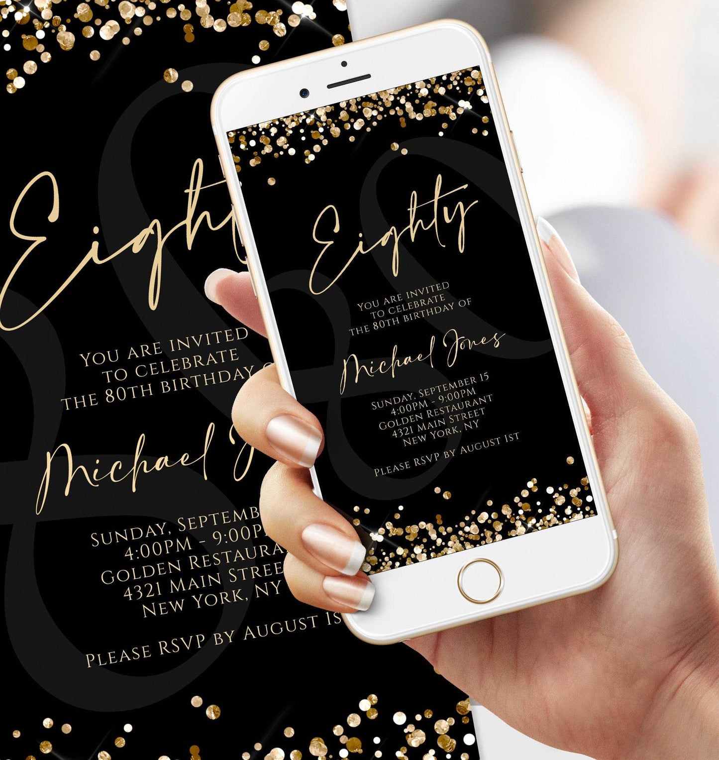 Digital Black Gold Eighty 80th Birthday Invitation Template, Electronic Birthday Invite, Editable Text Message Evite, Elegant Black Invite