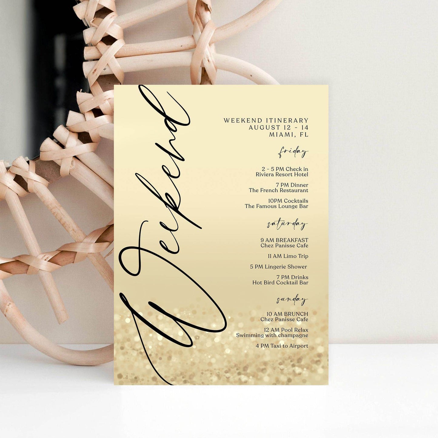 Weekend Itinerary Template – Editable Gold Birthday or Bachelorette Weekend Schedule | Printable Hen Party Itinerary | Text Message Digital Download