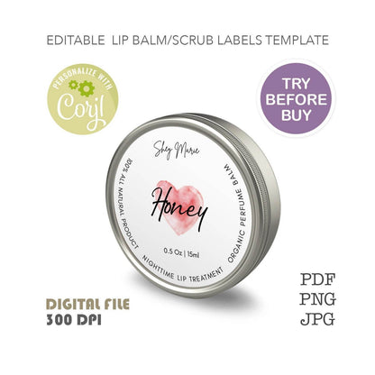Editable Round Cosmetic Sticker Template – Printable Lip Gloss, Lip Balm & Scrub Labels | Personalized DIY Digital File | Instant Download
