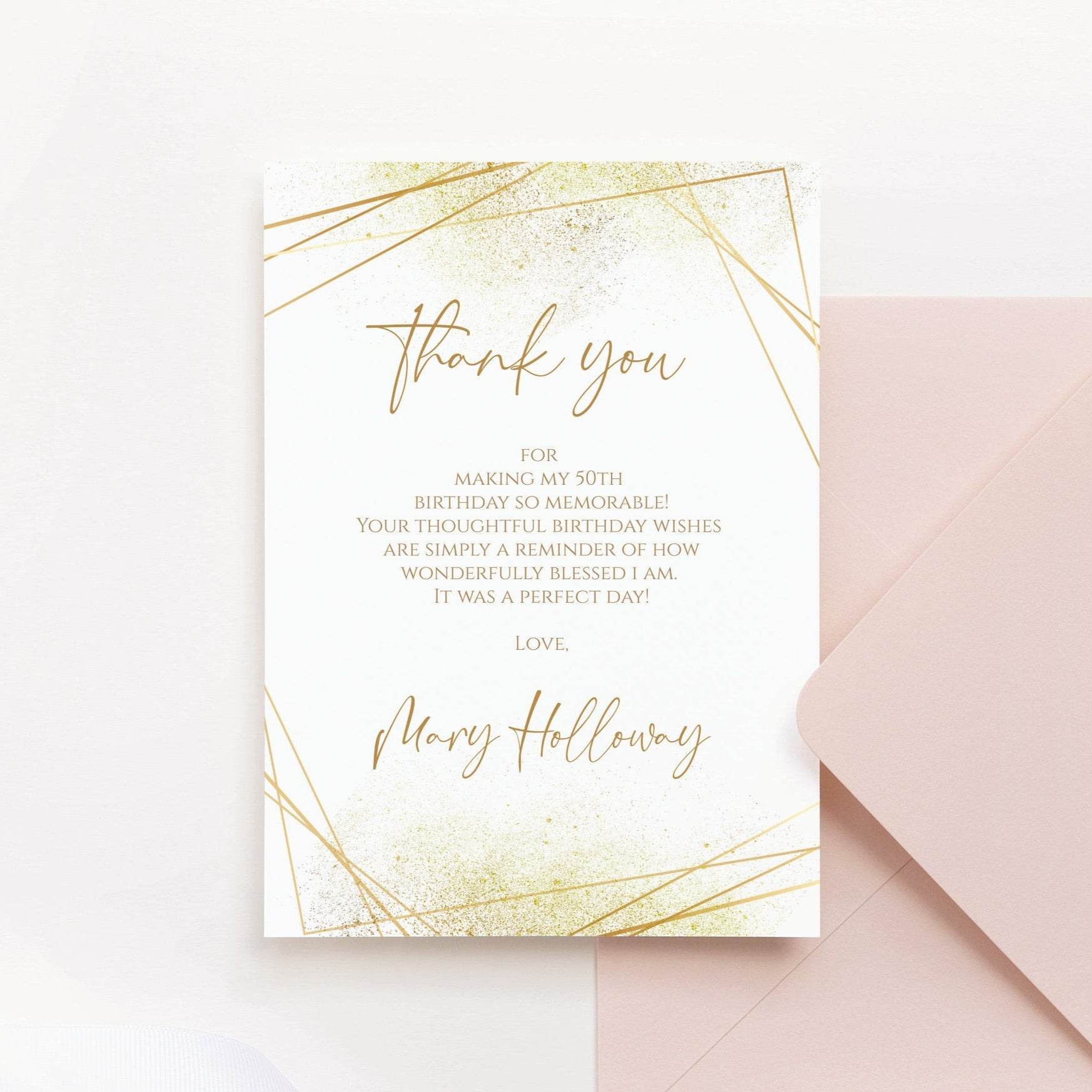 Adult Birthday Card & Editable Gold Geometric Thank You Card Template – DIY Thank You Notecard – Anniversary Thank You Cards – Digital Download