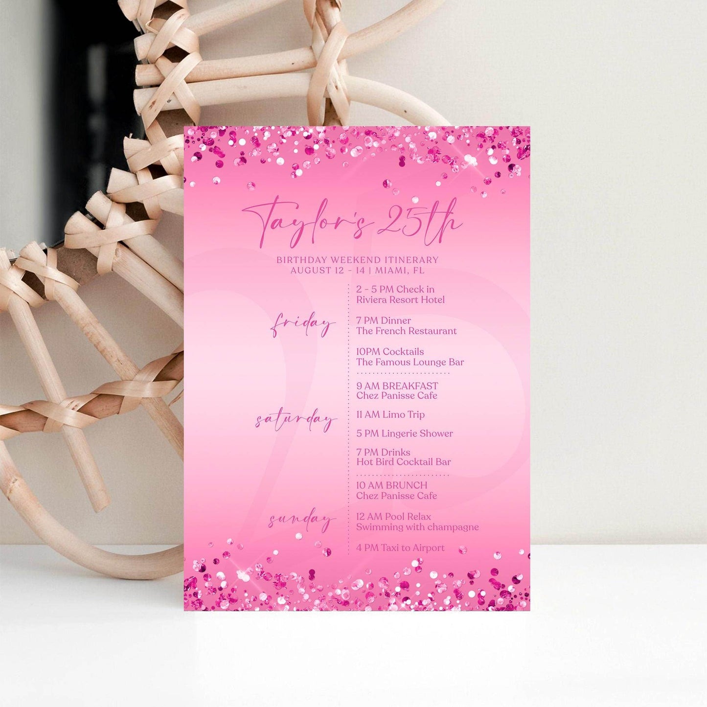 Editable Pink Any Age Ladies Birthday Itinerary Template, Printable Fuchsia Woman Itinerary, Digital Weekend Itinerary, Email Text Message