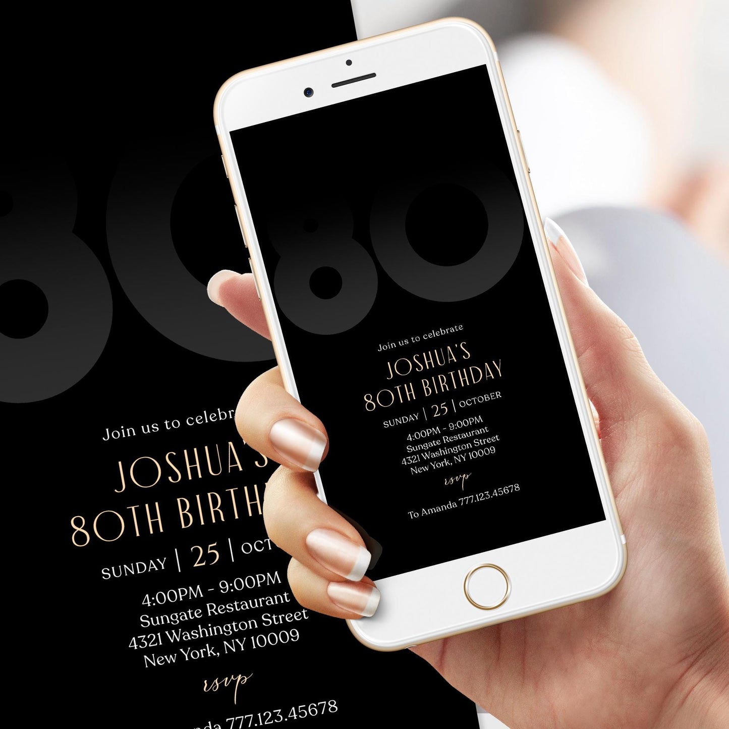 Digital Black 80th Eighty Birthday Invitation Template, Electronic Mobile Invite for Him, Phone Black Elegant Invitation, Text Message Evite