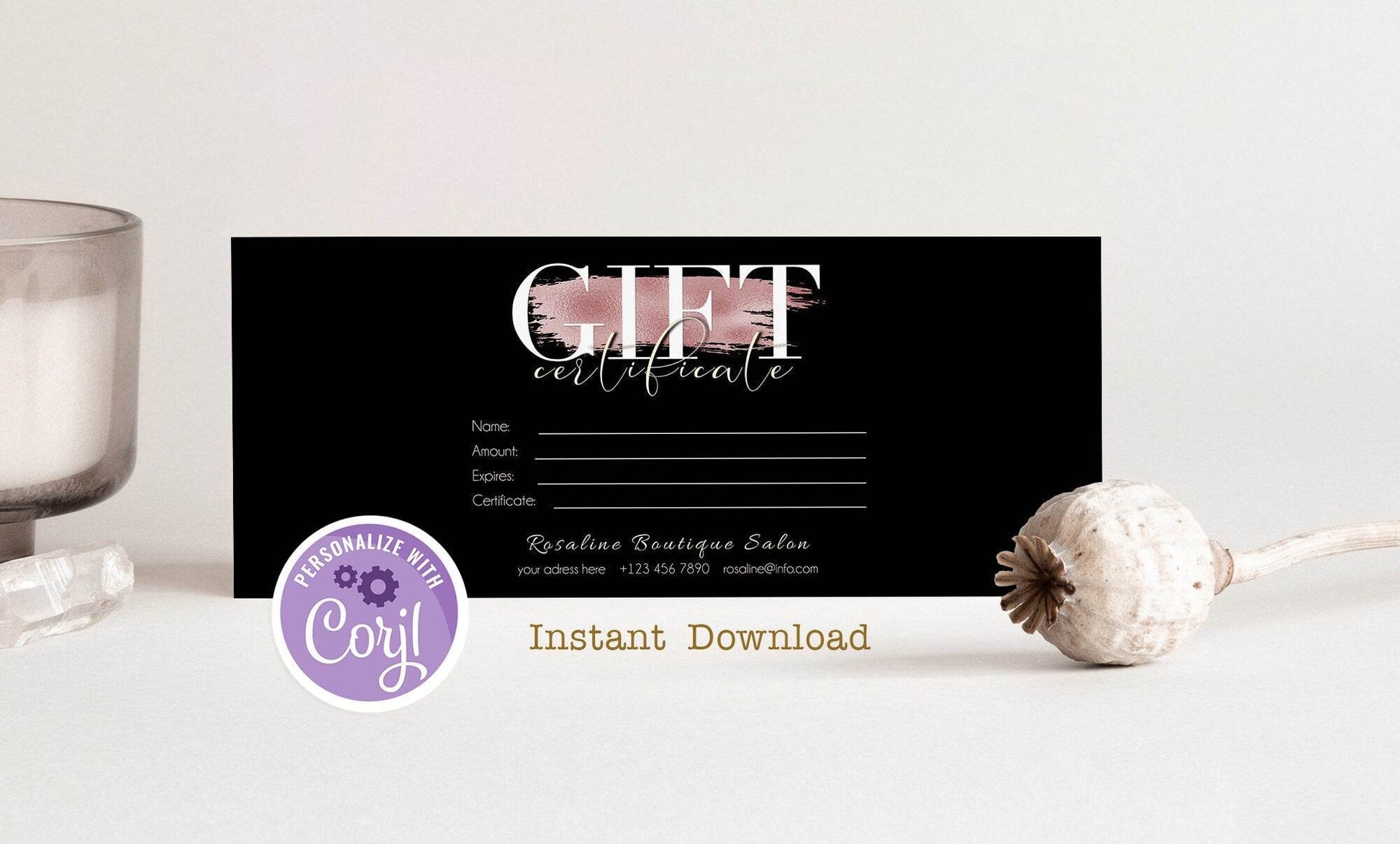 Editable Rose Gold Gift Certificate Template, Beauty Black Gift Certificate, Gift Voucher Template, Printable Gift Card, Shop Card Voucher