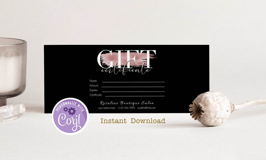 Editable Rose Gold Gift Certificate Template, Beauty Black Gift Certificate, Gift Voucher Template, Printable Gift Card, Shop Card Voucher