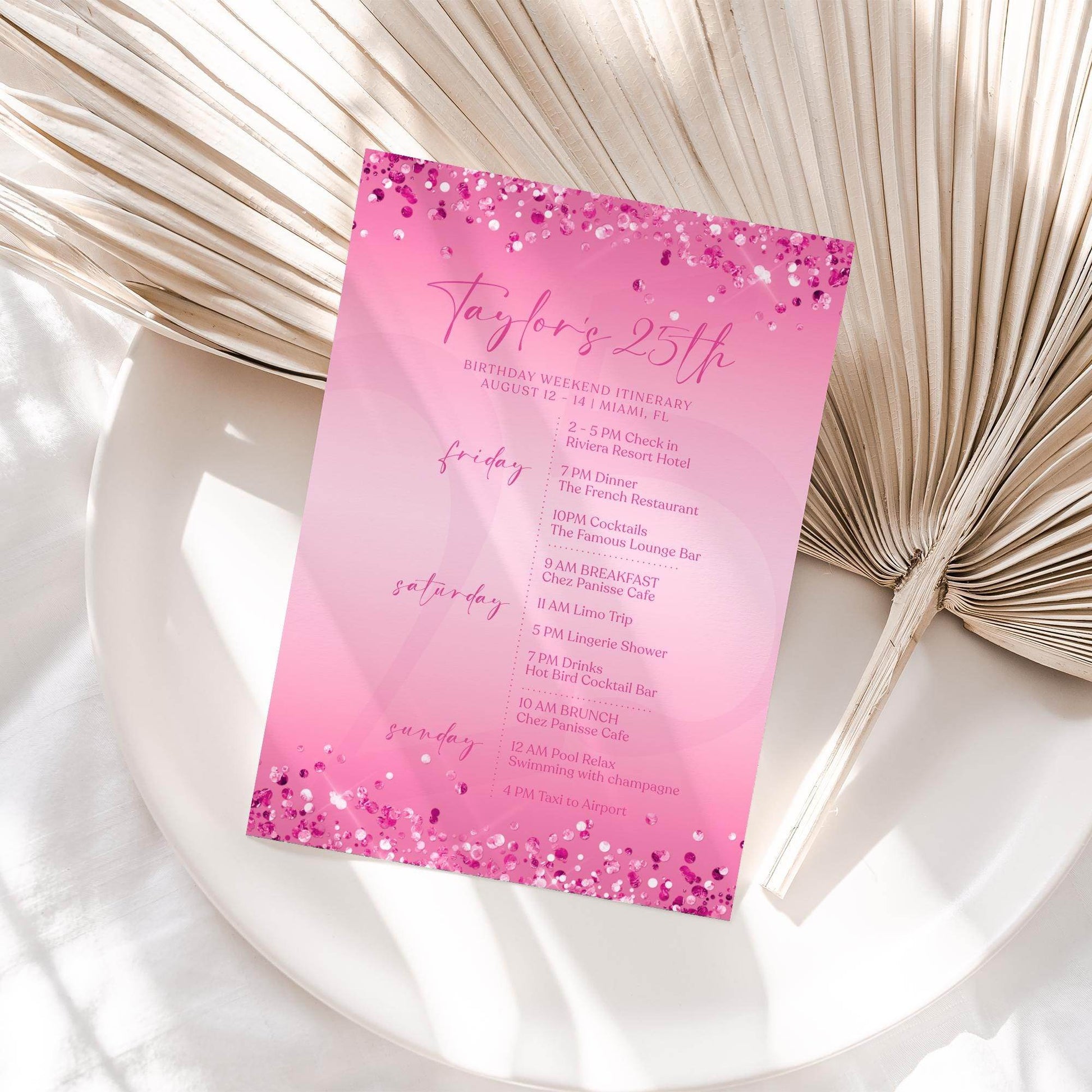 Editable Pink Any Age Ladies Birthday Itinerary Template, Printable Fuchsia Woman Itinerary, Digital Weekend Itinerary, Email Text Message