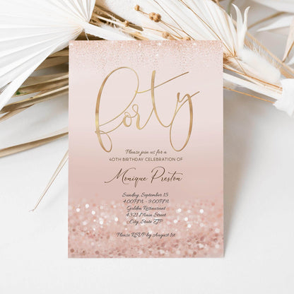 Rose Gold 40th Birthday Invitation Template, Editable Ladies Surprise Party Invite, Printable Pink Evite, Digital Text Message Download