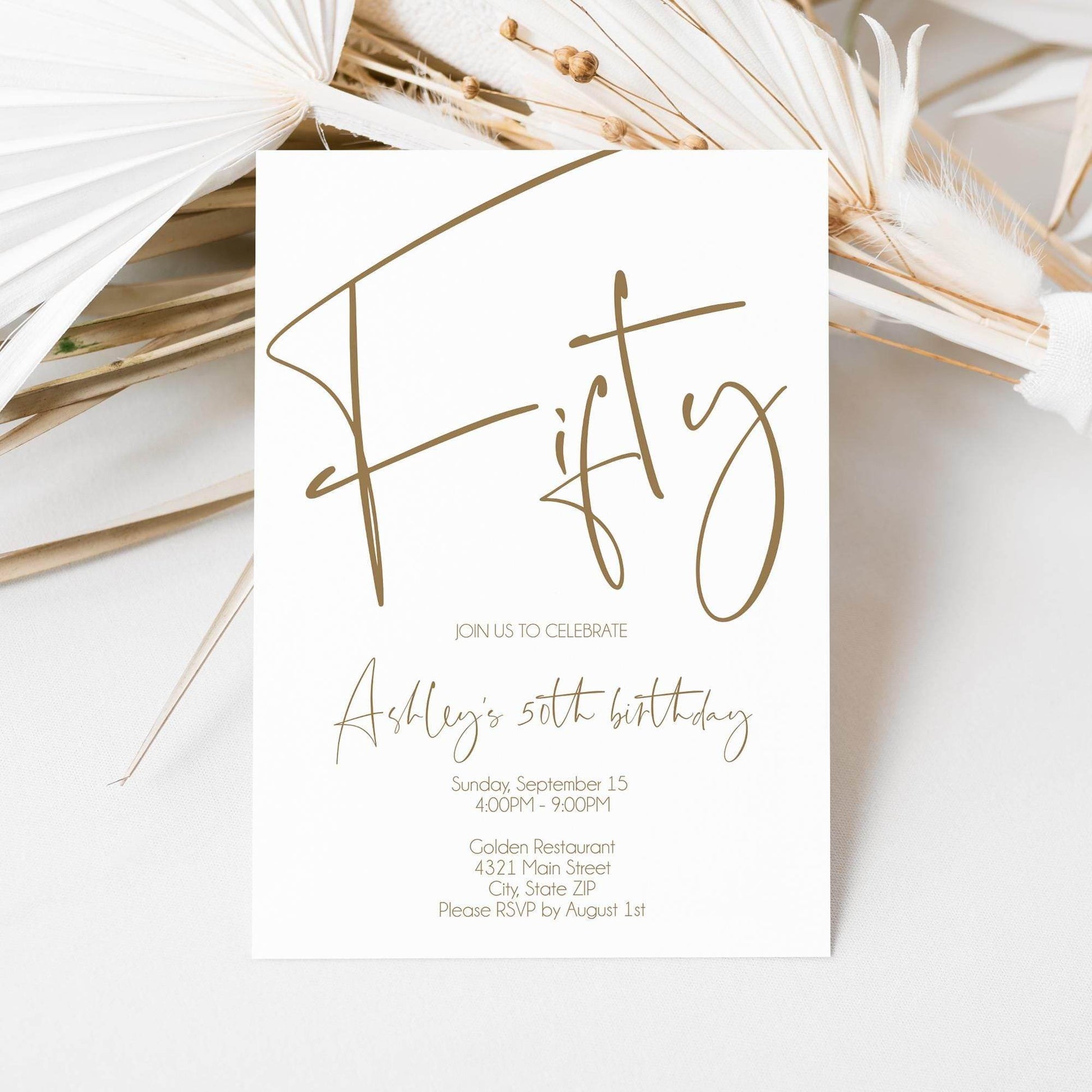 Simple 50th Birthday Invitation Template | Minimalist Editable Fifty Invite | Printable Adult Birthday Card | White Modern Birthday Evite