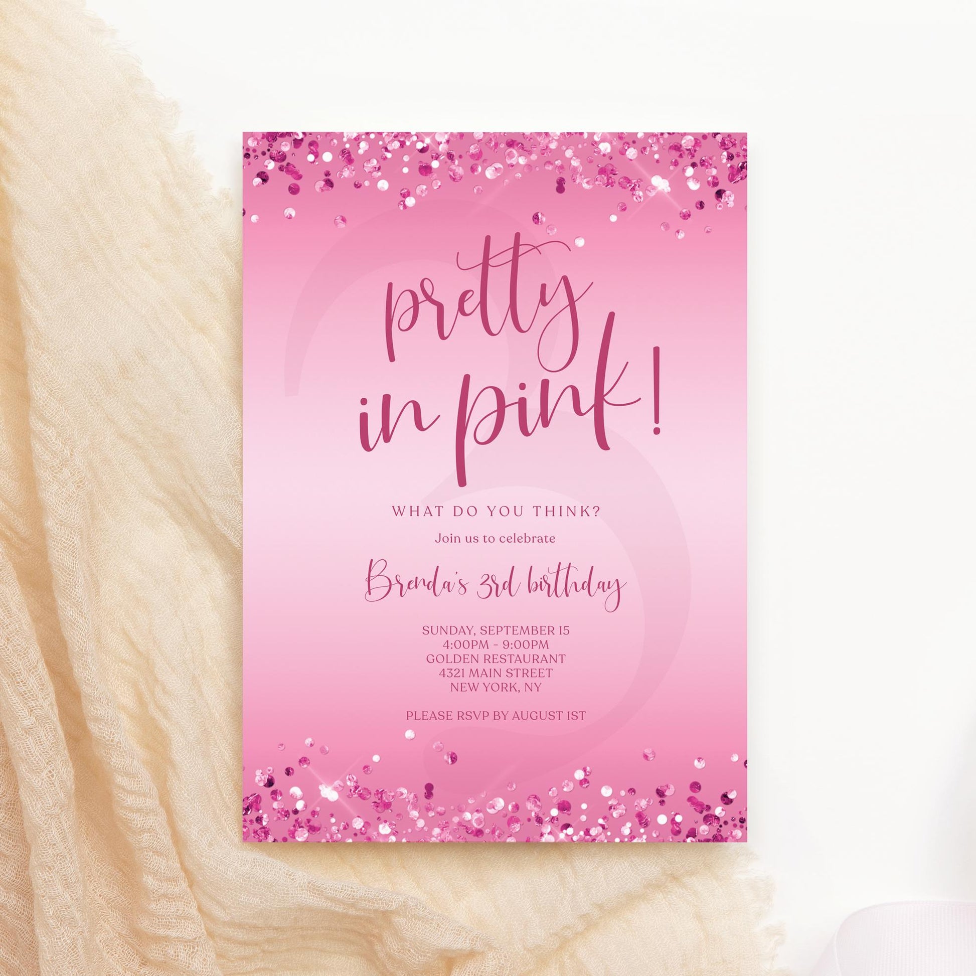 Pretty in Pink 3rd Girl Birthday Invitation Template | Editable & Printable