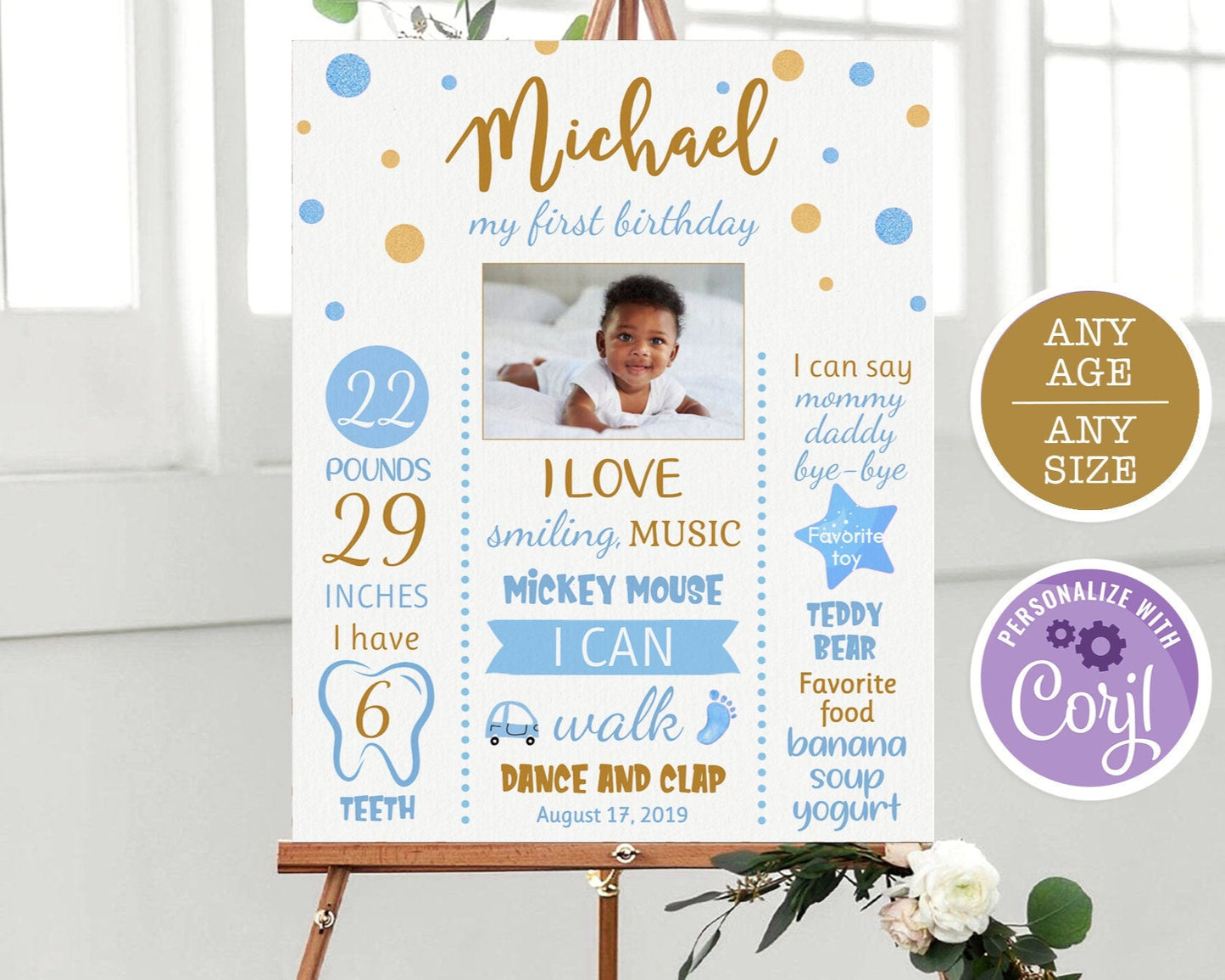 Editable 1st Birthday Poster - Blue and Gold Confetti Design | Instant Download