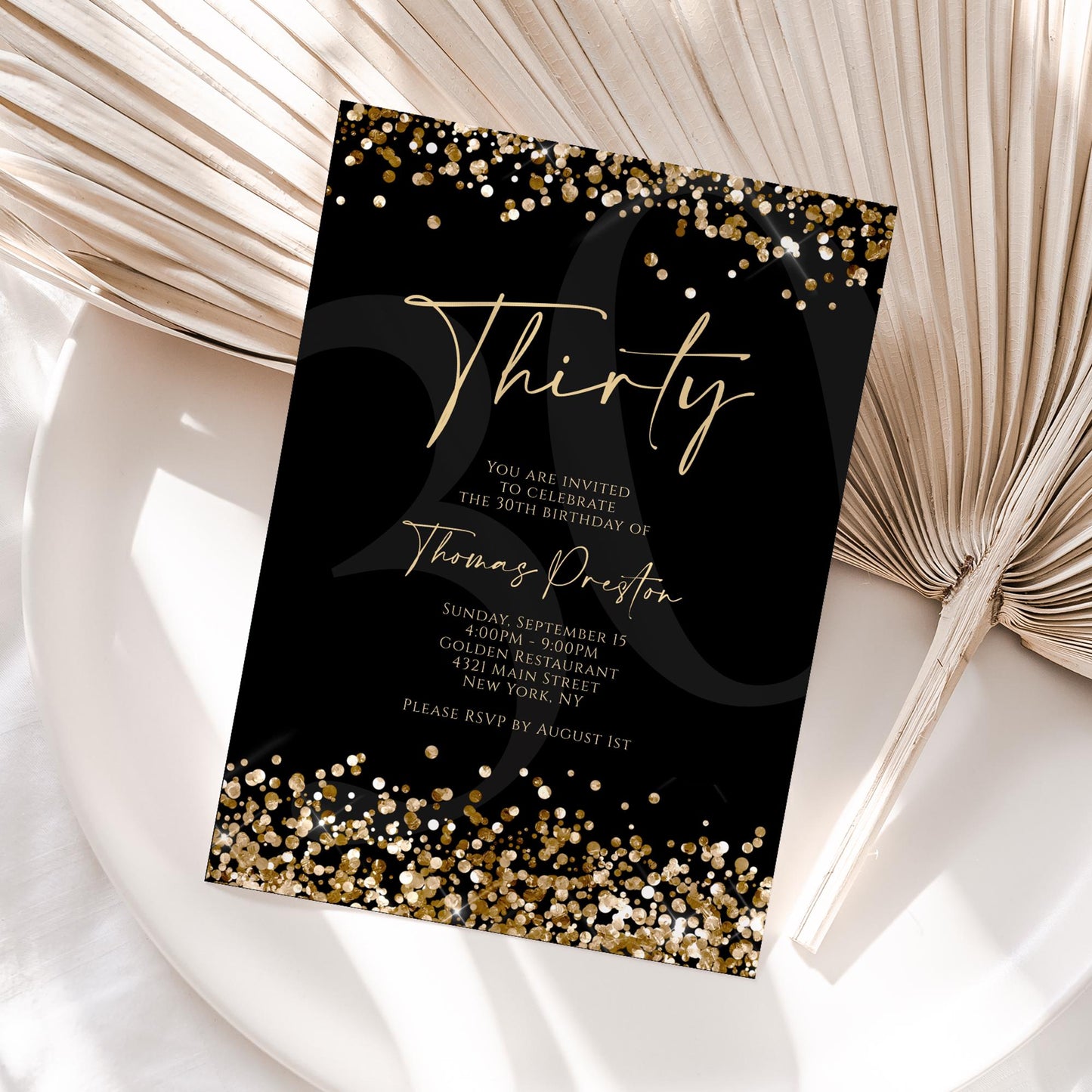Printable Black Gold 30th Birthday Invitation Template, Luxury Gold Confetti Invite, Editable Men’s Birthday Party Invitation, Instant Download